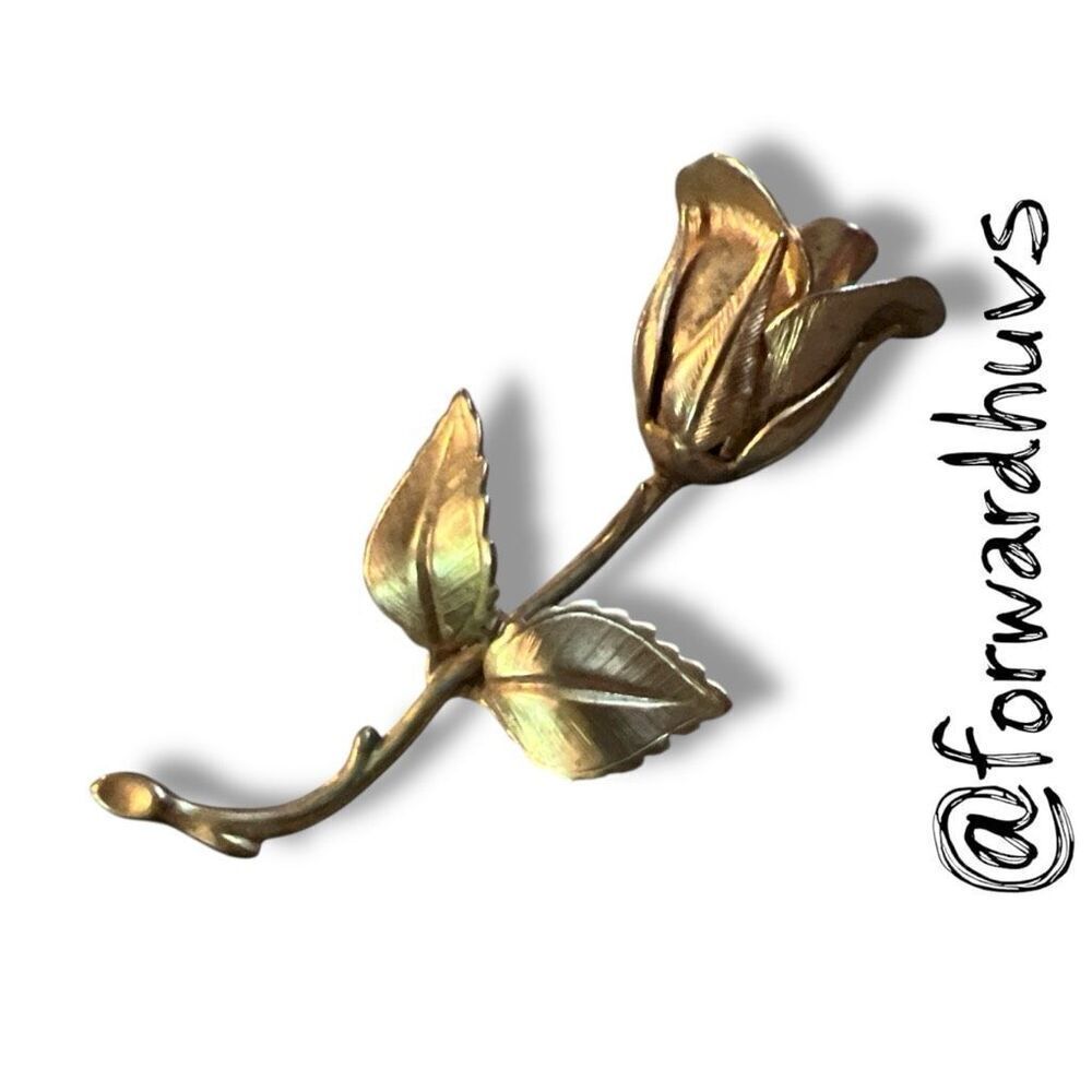 Bundle Sale 3 for $15 | Vintage Gold Tone Rose Brooch – 3” Petals and Leaves